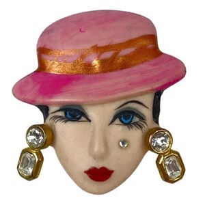 Vintage Brooch Porcelain Head Face W/Removable Earrings Artisan 2" Long Handmade